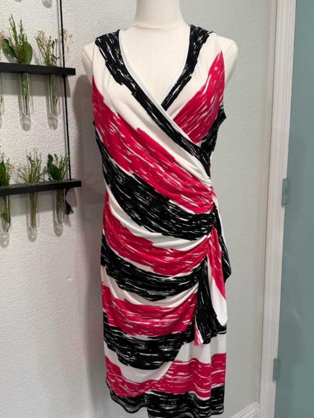 New York & Company Pink and Black Striped Jersey Knit Knee Length Dress